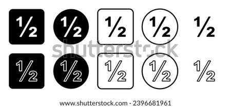 Icon set of half fraction symbol. Filled, outline, black and white icons set, flat style.  Vector illustration on white background