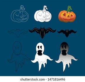 Icon set for halloween, bat, ghost, pumpkin.
