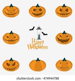 Icon set of Halloween pumpkin carving and Happy Halloween typography with lantern. . Vector Illustration.