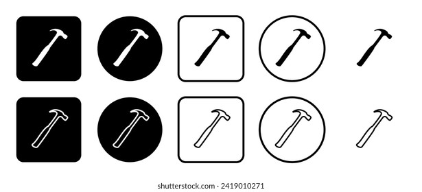 Conjunto de iconos del símbolo martillo. Relleno, contorno, conjunto de iconos en blanco y negro, estilo plano.  Ilustración del vector sobre fondo blanco