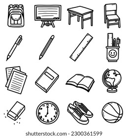 icon set han drawing, bag, blackboard, table, chair, pens, pencils, ruler, writing implement, paper, book, open book, ball map, eraser, clock, shoes, basketball