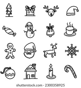 icon set hand drawing, christmas tree, gifts, deer head, christmas hat, snowman, bells, coffee, christmas cookies, santa claus, deer, snow, houses, candles, sweets