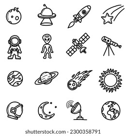 icon set hand drawing, moon, ufo, rocket, shooting star, astronaut, alien, satellite, binoculars, mars, saturn, meteor, sun, astronaut helmet, half moon, earth