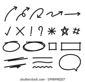 Icon set of hand drawn arrow, check mark, cross mark, underline, speech bubble symbols. Doodle vector illustration.