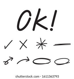 icon set of hand drawn check mark, cross mark, star, arrow symbols. Vector illustration.