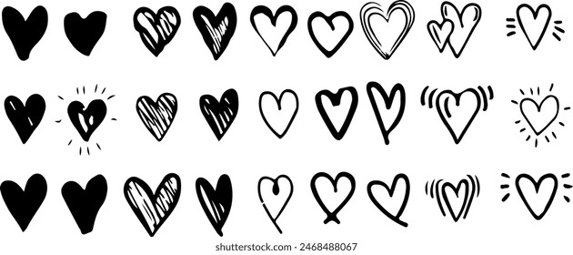 Icon set of hand drawn heart love valentines day lover emotion. Simple thin line icons, flat vector illustrations. Isolated on white, transparent background