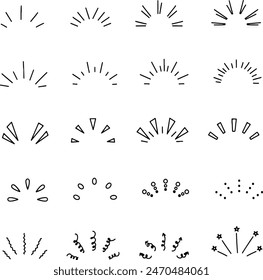 Conjunto de iconos de rayos dibujados a mano destellos de luz brillo destellos líneas de rayos confeti sorpresa. Iconos de línea fina Ilustraciones vectoriales planas aisladas sobre fondo transparente