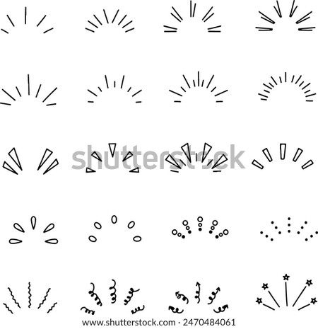 Icon set of hand drawn rays sparkles light shine sparkles ray lines confetti surprise. Thin line icons flat vector illustrations isolated on transparent background