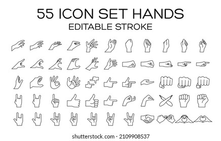 Icono Establecer gestos de mano. Stroke editable. Estilo delgado de línea.