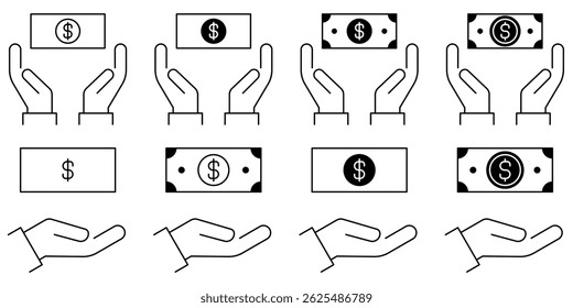 Conjunto de ícones de uma mão segurando um símbolo de dólar. Ícone de vetor de economia de dinheiro em design de linha para web design, logotipo e aplicativo móvel. Símbolo de Economizar Dinheiro. Ilustração vetorial.
