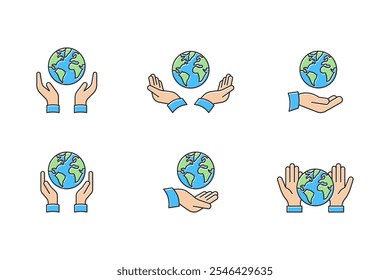 icon set of hand holding globe outline filled