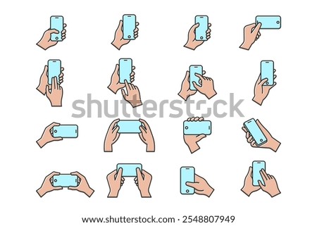 icon set of hand holding smartphone outline filled style