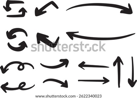 Icon set of hand-drawn arrows. Icons isolated on transparent background. Sketch, doodle, arrowhead, direction, pointer, navigation, curved, straight, circular, back, forward, up, down.