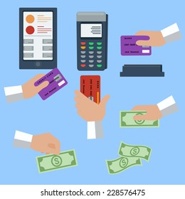 Icon set with hands holding cash and credit cards on blue background