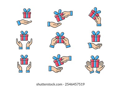 Icono Conjunto de manos que sostienen un regalo, iconos de dar y recibir regalos Esquema Estilo lleno