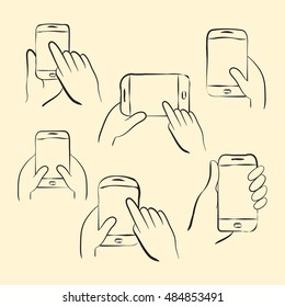 Icon set of hands holding smartphone