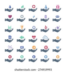 Icon set , hands holding various objects such a  heart, gift, coin and others.
