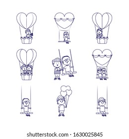 icon set of happy couples on heart air balloon over white background, vector illustration