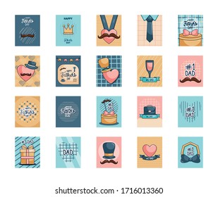 Icon set of Happy fathers day cards with decorative ornaments over white background, colorful design, vector illustration