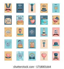 Icon set of Happy fathers day cards with hearts over white background, colorful design, vector illustration