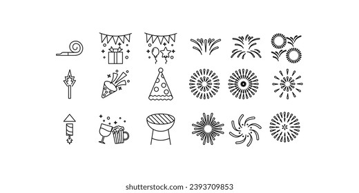 Icon set happy new year,gift box,ballon,confetti,beer,cheers,noise maker,barbeque,party hat,firework,fire cracker,isolated white background with line style.
