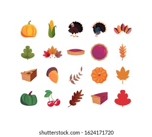 Icon set of happy thanksgiving day design, Autumn season holiday greeting and traditional theme Vector illustration