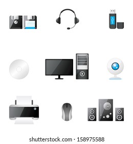 icon set of hardware,  disk,headphone, flash drive, cd, computer, webcam, printer, mouse, loudspeaker, vector illustration