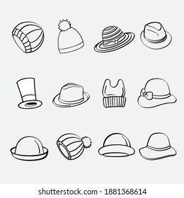 Icon set hat and cap cartoon with white background