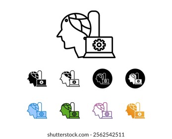 icon set head data transfer for laptop with 9 different styles, line, glyp, flat, gradient etc. suitable for print websites etc. isolated on white background.