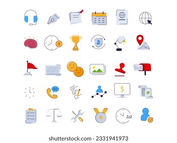 Icon set headphone technology office process calendar browser time management outline graphic illustration