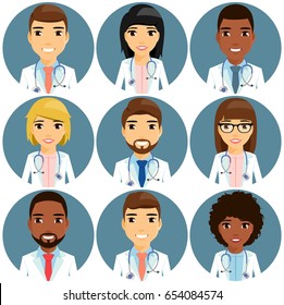 Icon set, health. Young doctors are boys and girls. Different ethnically. Portrait. In a flat style on a white background, cartoon.