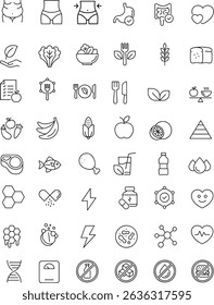 Icon set of healthy eating diet nutrition wellness weight loss. editable stroke. thin line icons illustrations.