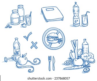 Icon set healthy food, nutrition, with measuring tape, water, apple, scales, burger, fruits and vegetables, bottle and glass. Hand drawn doodle vector illustration.