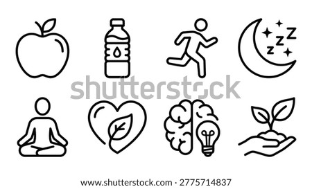  Icon set of healthy lifestyle representing nutrition hydration physical activity and mental well being