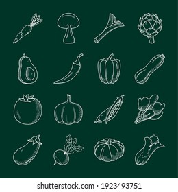 icon set of healthy vegetables over green background, sketch style, vector illustration