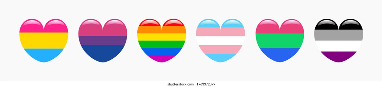 Icon Set of hear shape flags of pansexual, bisexual, gay, transgender, polisexual and asexual. Vector illustration