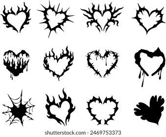 Icon set of heart with gothic goth rock punk retro style. Stylish heart tattoo sticker. Flame flamed shape. Flat icons vector illustrations isolated on transparent background