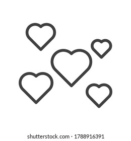 Icono de un conjunto de corazones de diferentes tamaños esparcidos por el área. Diseño lineal con línea gruesa. Vector aislado sobre fondo blanco.