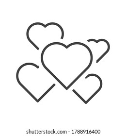 Icon of a set of hearts of different sizes scattered over the area. Linear execution using a thin line. Isolated vector on white background.