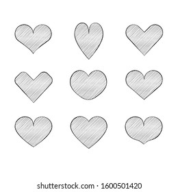 Icon Set of Hearts filled with crosshatched lines