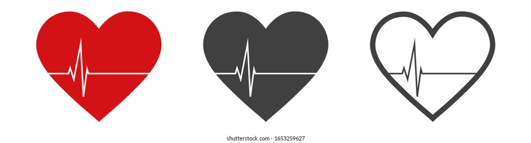 Icon Set of Hearts with heartbeat cardiogram line showing pulse
