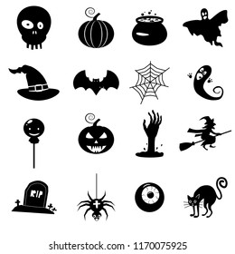 Icon set Helloween- witch hat vector, grim reaper, scary face, pumpkin, ghost, monster, vampire, mansion, castle, witch, web, pot, bat, spider, cat. Vector, isolated