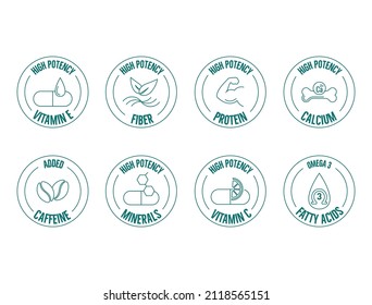 icon set of High potency vitamin e, fiber,  calcium, protein, caffeine, minerals, vitamin c, omega 3 fatty acid vector illustration 