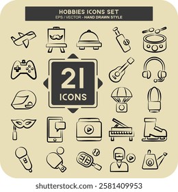 Icon Set Hobbies. related to Education symbol. hand drawn style. design editable