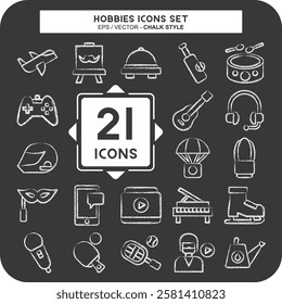 Icon Set Hobbies. related to Education symbol. chalk Style. design editable