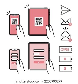 icon set of holding smart phone and tablet with QR code and form, mail and coupon for user registration, participaiting promotion, and entry