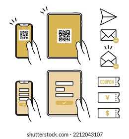 icon set of holding smart phone and tablet with QR code and form, mail and coupon for user registration, participaiting promotion, and entry