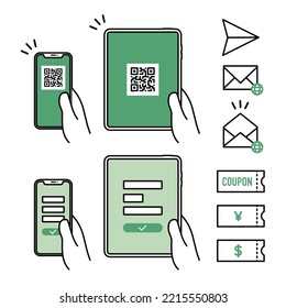 icon set of holding smart phone and tablet with QR code and form, mail and coupon for user registration, participaiting promotion, and entry