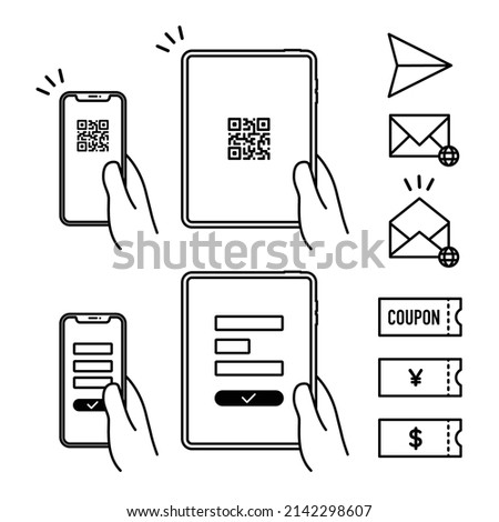 icon set of holding smart phone and tablet with QR code and form, mail and coupon for user registration, participaiting promotion, and entry