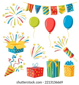 Icon set of holiday decoration items. Color objects for celebration and anniversary.